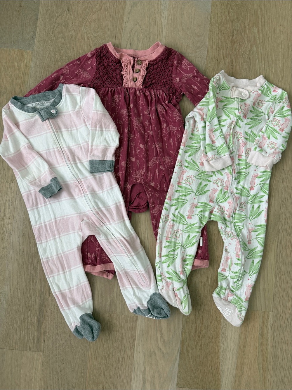 Pack of 3 Baby One-Piece Footies - Pink, Burgundy, Green Floral. Onesies.